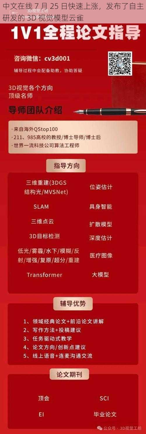 中文在线 7 月 25 日快速上涨,发布了自主研发的 3D 视觉模型云雀
