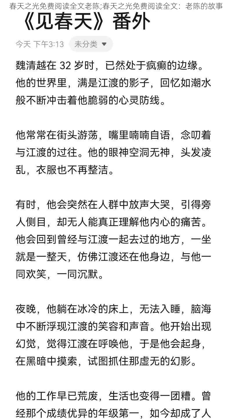 春天之光免费阅读全文老陈;春天之光免费阅读全文：老陈的故事