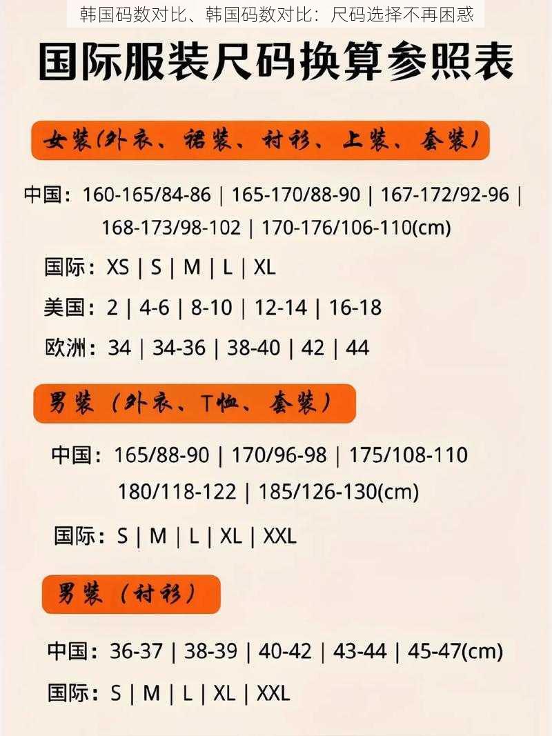 韩国码数对比、韩国码数对比:尺码选择不再困惑
