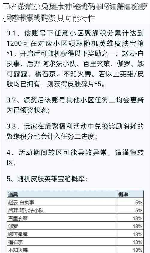 王者荣耀小兔集市神秘代码117详解:分享小兔市集代码及其功能特性